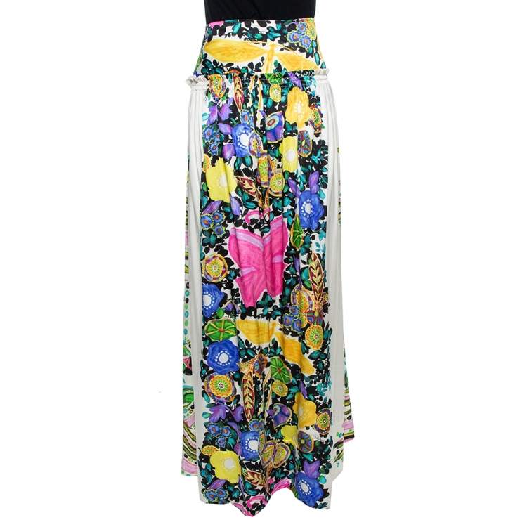 Pre Owned Roberto Cavalli Cream Flora & Fauna Print Satin Silk Maxi Skirt L