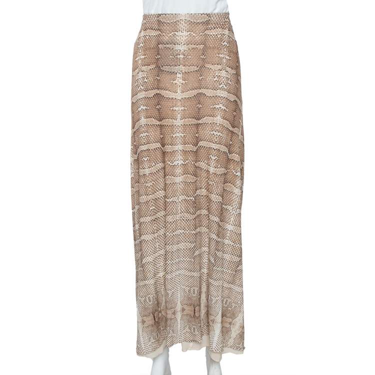 Pre Owned Roberto Cavalli Brown Snakeskin Print Jersey Gathered Waist Maxi Skirt M