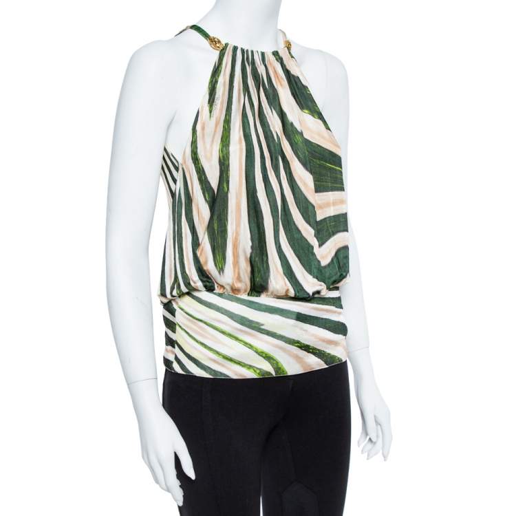 Pre Owned Roberto Cavalli Green Stripe Silk Blend Serpentine Detail Halter Top M