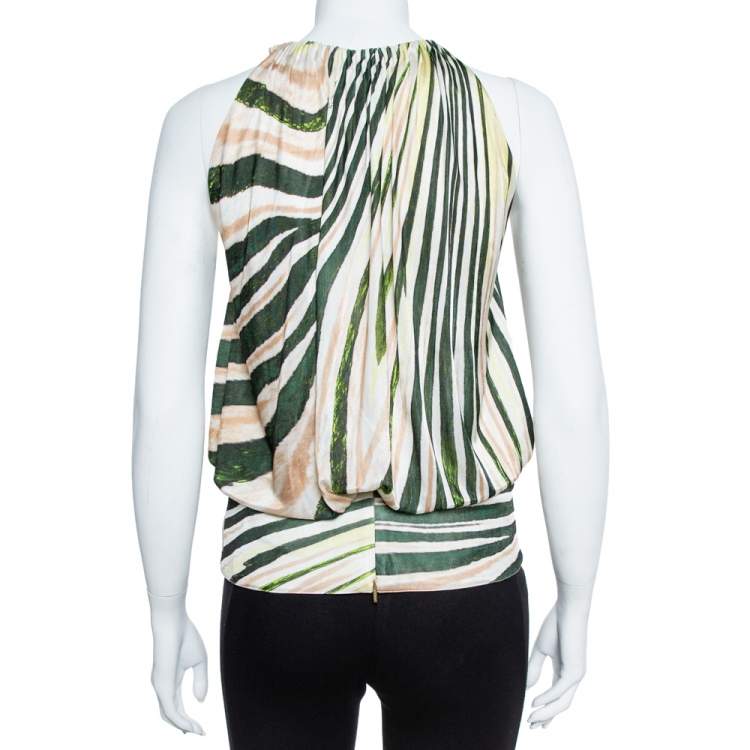 Pre Owned Roberto Cavalli Green Stripe Silk Blend Serpentine Detail Halter Top M
