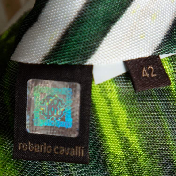 Pre Owned Roberto Cavalli Green Stripe Silk Blend Serpentine Detail Halter Top M