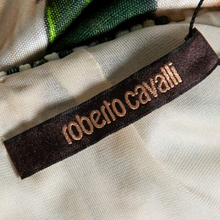 Pre Owned Roberto Cavalli Green Stripe Silk Blend Serpentine Detail Halter Top M