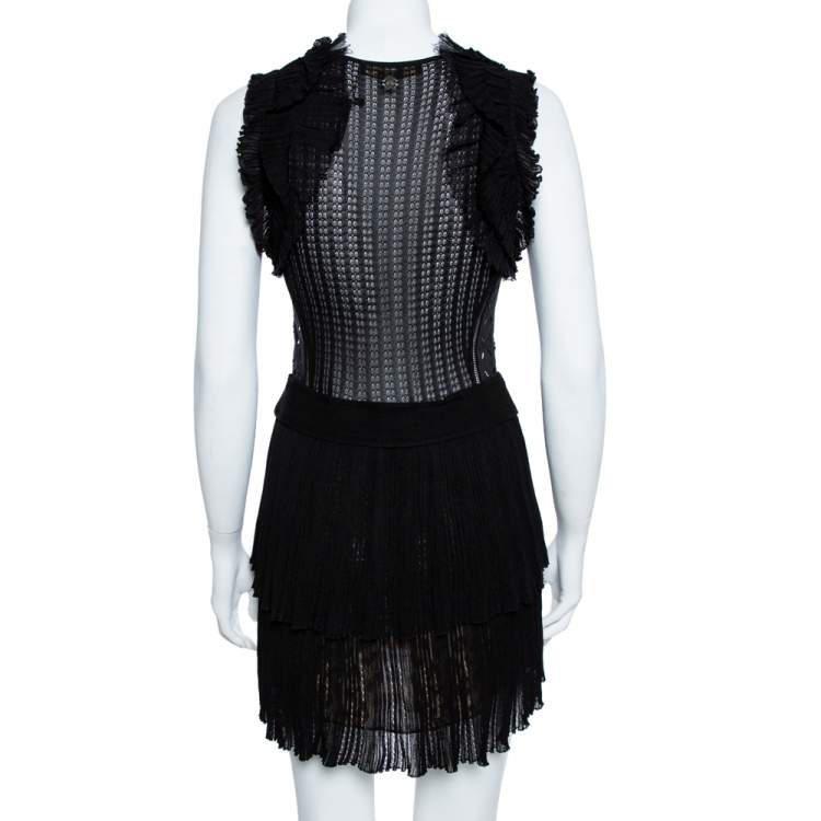 Pre Owned Roberto Cavalli Black Lace Detail Ruffled Sleeveless Dress S
