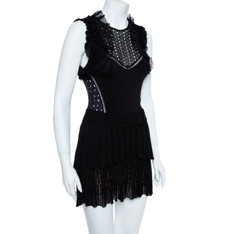 Pre Owned Roberto Cavalli Black Lace Detail Ruffled Sleeveless Dress S