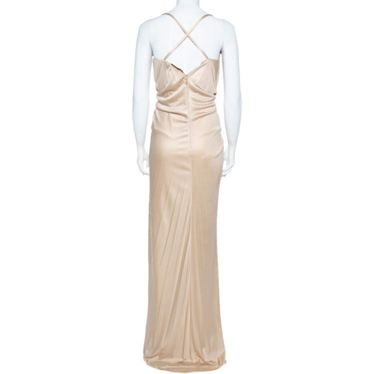 Pre Owned Roberto Cavalli Champagne Cream Knit Plunge Neck Gown M