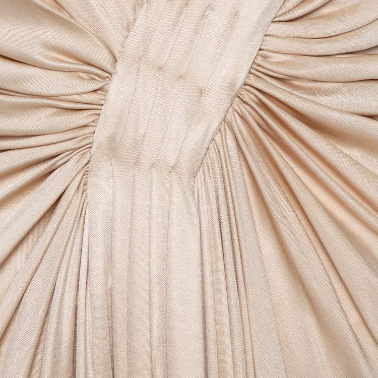 Pre Owned Roberto Cavalli Champagne Cream Knit Plunge Neck Gown M