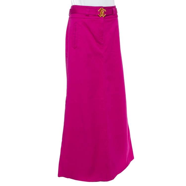 Pre Owned Roberto Cavalli Pink Denim Belted Flared Maxi Skirt M