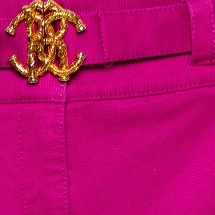 Pre Owned Roberto Cavalli Pink Denim Belted Flared Maxi Skirt M