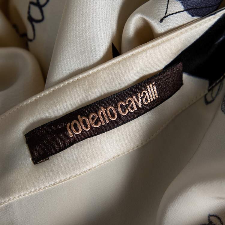 Pre Owned Roberto Cavalli Cream Floral Print Silk Satin Maxi Skirt S