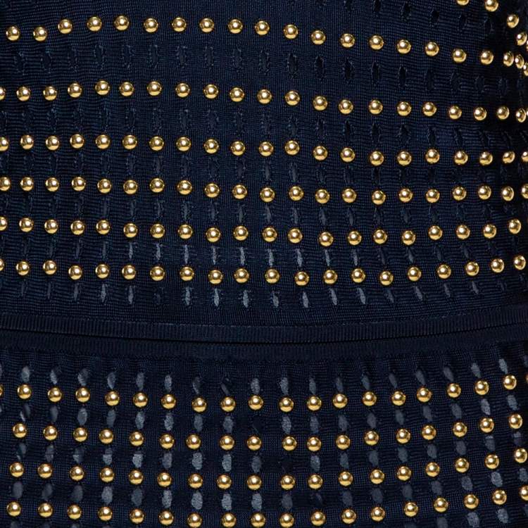 Pre Owned Roberto Cavalli Navy Blue Pointelle Knit Studded Maxi Dress M
