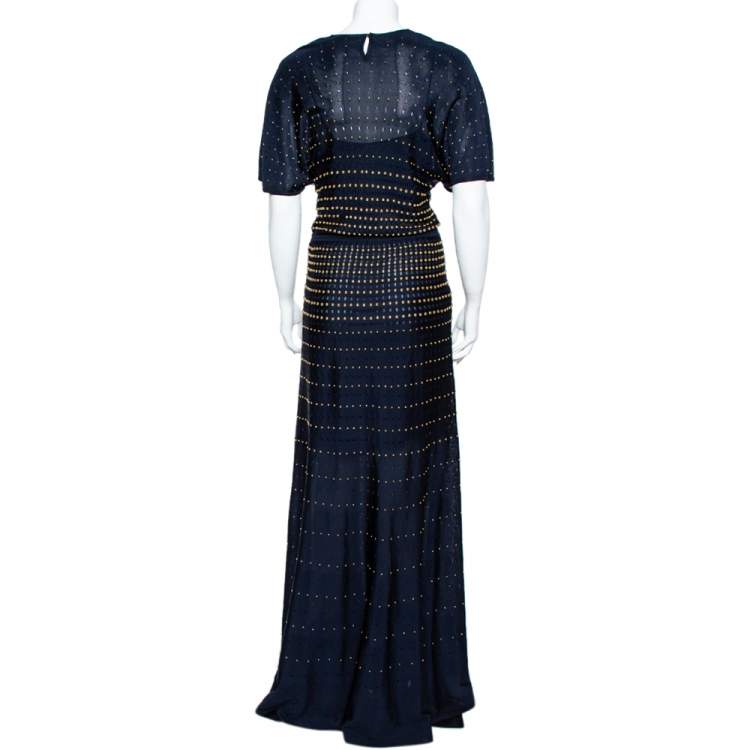 Pre Owned Roberto Cavalli Navy Blue Pointelle Knit Studded Maxi Dress M