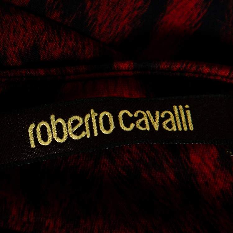 Pre Owned Roberto Cavalli Red Leopard Print Jersey Fitted Maxi Dress M