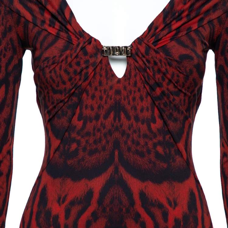Pre Owned Roberto Cavalli Red Leopard Print Jersey Fitted Maxi Dress M