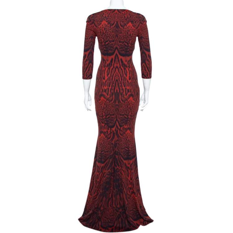 Pre Owned Roberto Cavalli Red Leopard Print Jersey Fitted Maxi Dress M