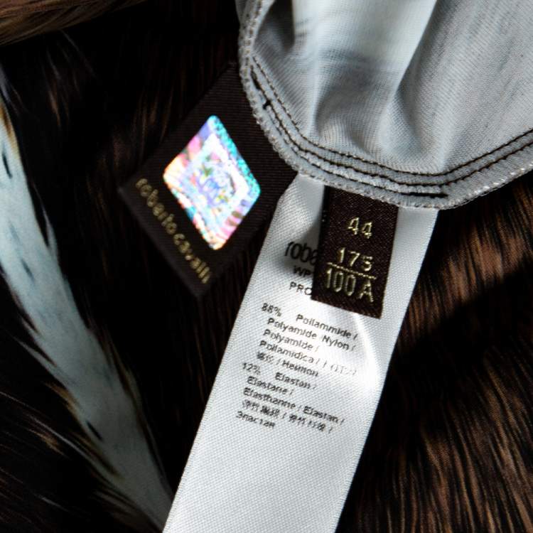 Pre Owned Roberto Cavalli Brown Fur Print Jersey Brooch Detail Maxi Dress M
