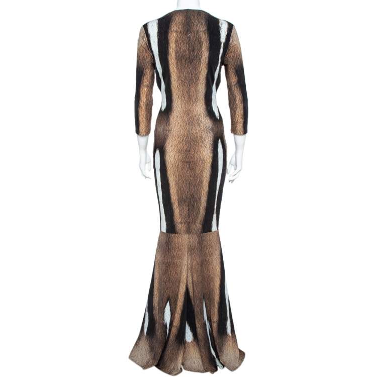 Pre Owned Roberto Cavalli Brown Fur Print Jersey Brooch Detail Maxi Dress M