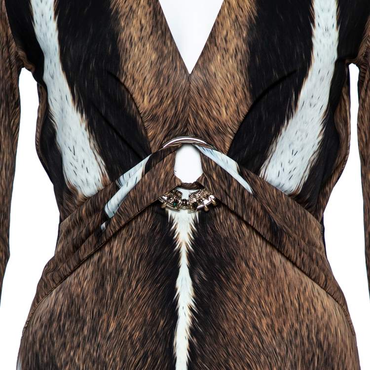 Pre Owned Roberto Cavalli Brown Fur Print Jersey Brooch Detail Maxi Dress M