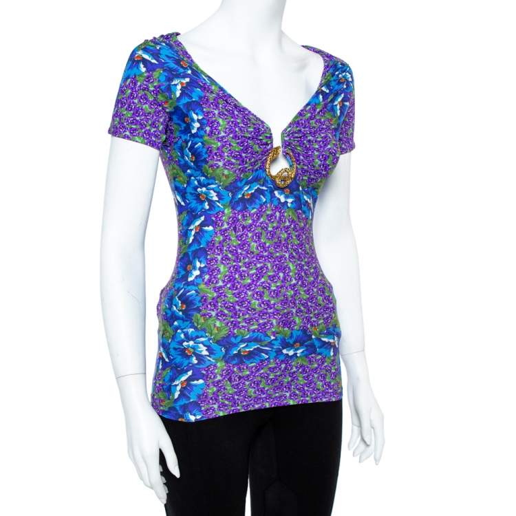Pre Owned Roberto Cavalli Floral Printed Multicolored Fitted Top S