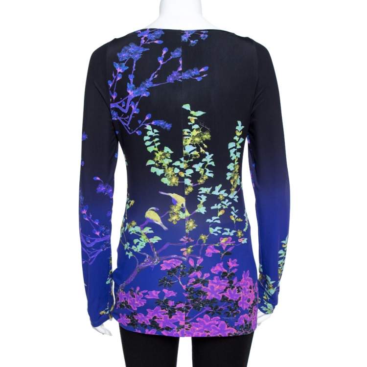 Pre Owned Roberto Cavalli Purple Floral Print Jersey Ruched Top M