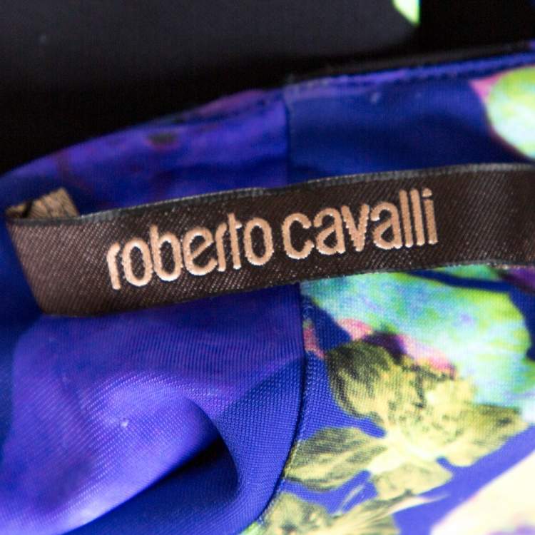 Pre Owned Roberto Cavalli Purple Floral Print Jersey Ruched Top M