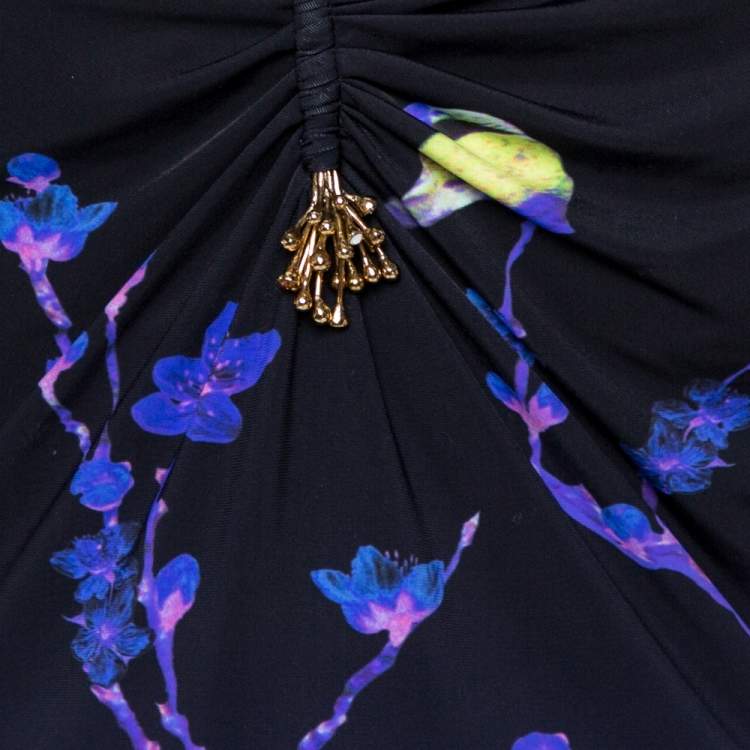 Pre Owned Roberto Cavalli Purple Floral Print Jersey Ruched Top M