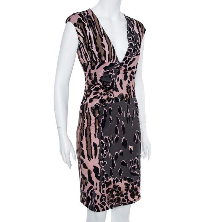 Pre Owned Roberto Cavalli Grey and Pink Ruched Animal Print Dress M