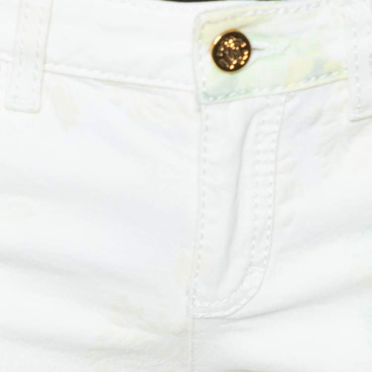 Pre Owned Roberto Cavalli White Floral Printed & Embossed Cotton Straight Leg Jeans M