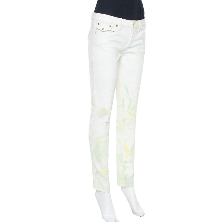 Pre Owned Roberto Cavalli White Floral Printed & Embossed Cotton Straight Leg Jeans M