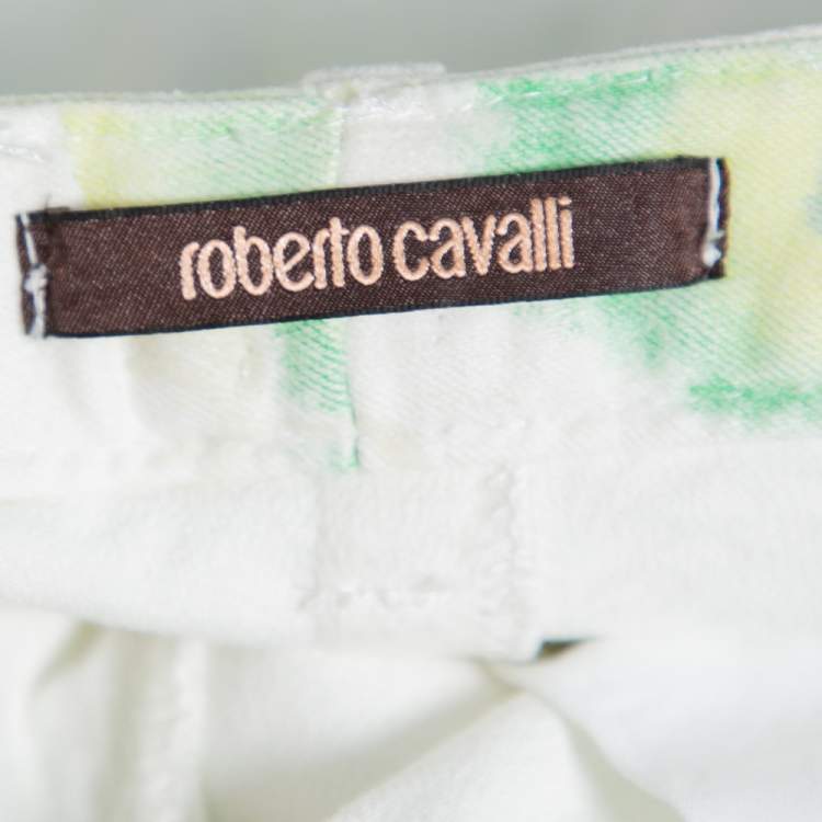 Pre Owned Roberto Cavalli White Floral Printed & Embossed Cotton Straight Leg Jeans M