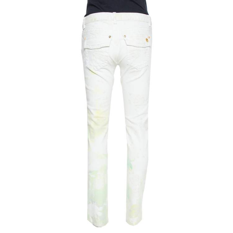 Pre Owned Roberto Cavalli White Floral Printed & Embossed Cotton Straight Leg Jeans M