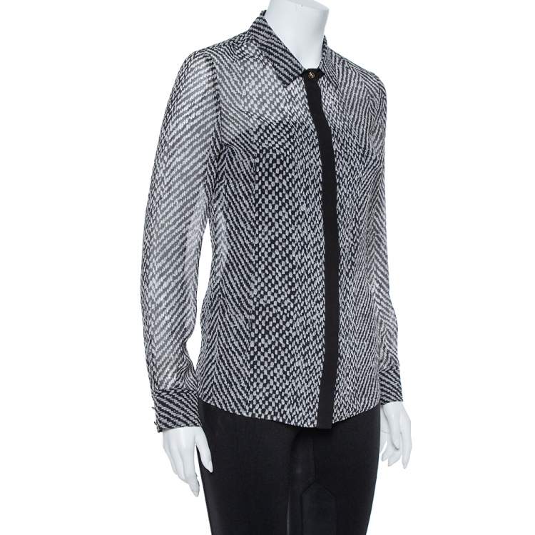 Pre Owned Roberto Cavalli Monochrome Silk Long Sleeve Sheer Blouse S