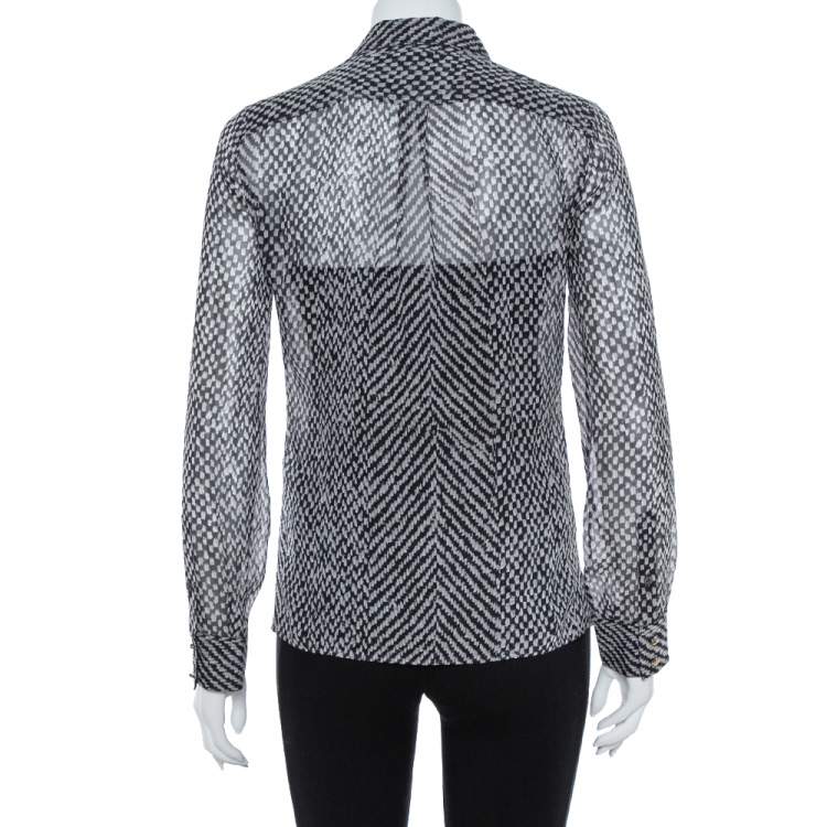 Pre Owned Roberto Cavalli Monochrome Silk Long Sleeve Sheer Blouse S