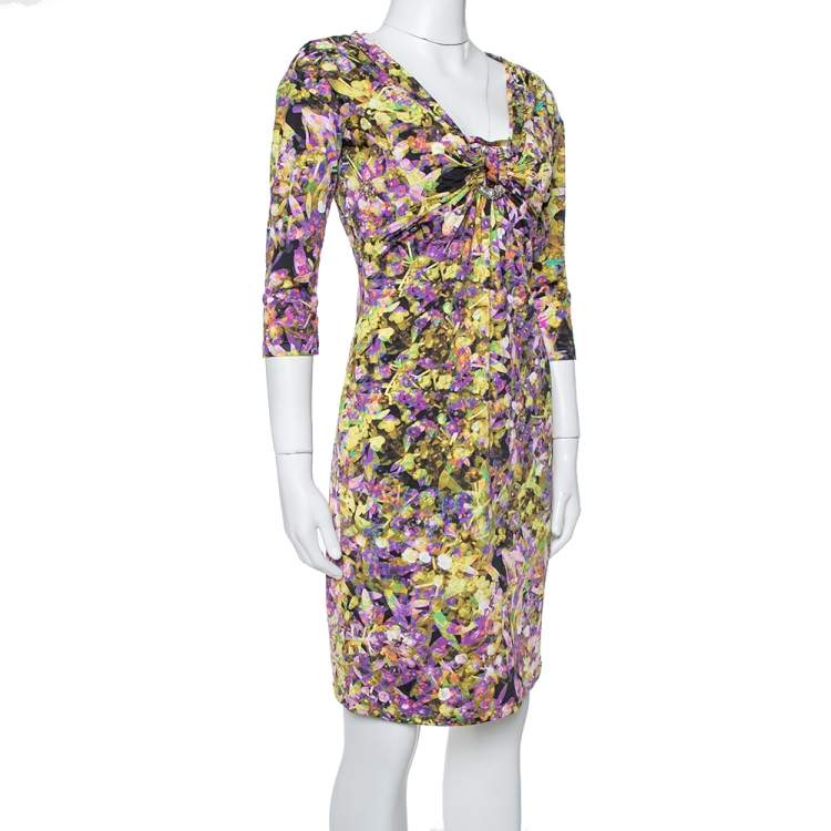 Pre Owned Roberto Cavalli Multicolor Printed Jersey Brooch Detail Dress M