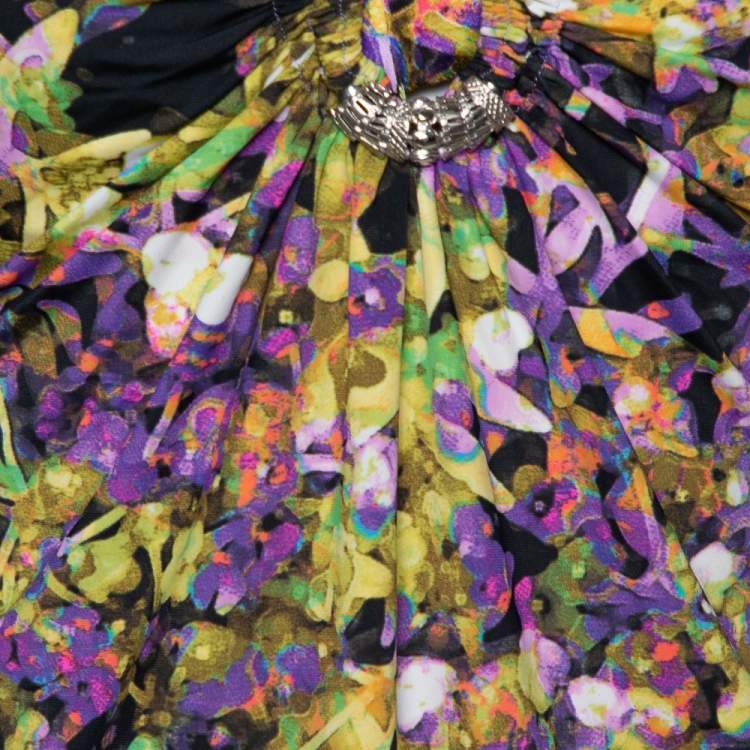Pre Owned Roberto Cavalli Multicolor Printed Jersey Brooch Detail Dress M
