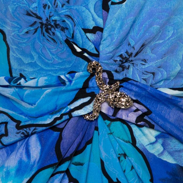 Pre Owned Roberto Cavalli Blue Floral Print Jersey Brooch Detail Dress M