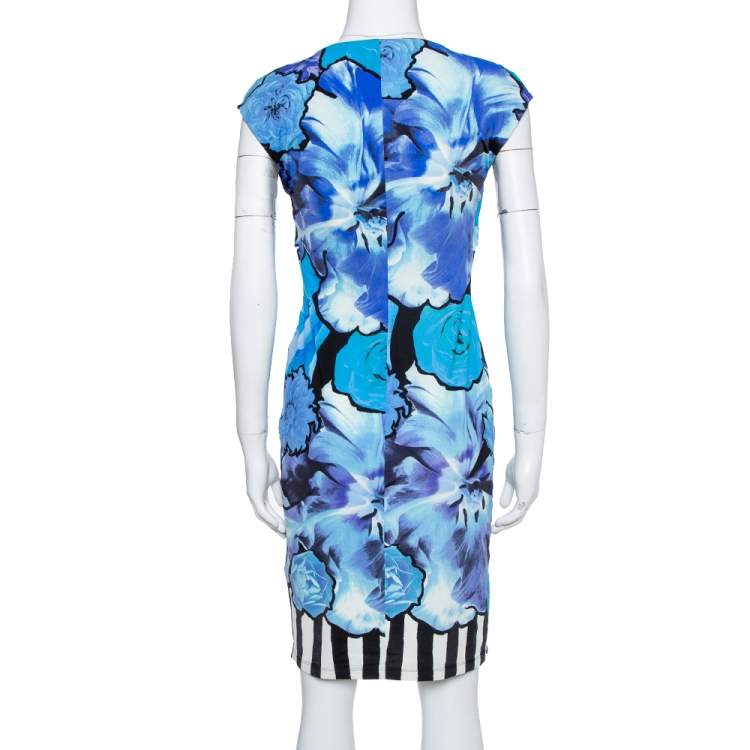 Pre Owned Roberto Cavalli Blue Floral Print Jersey Brooch Detail Dress M