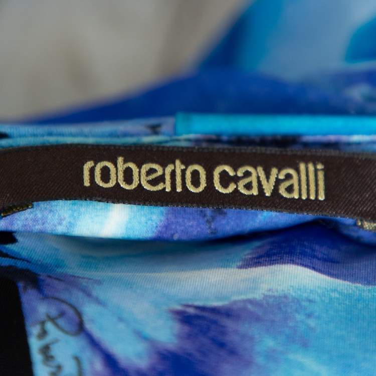 Pre Owned Roberto Cavalli Blue Floral Print Jersey Brooch Detail Dress M