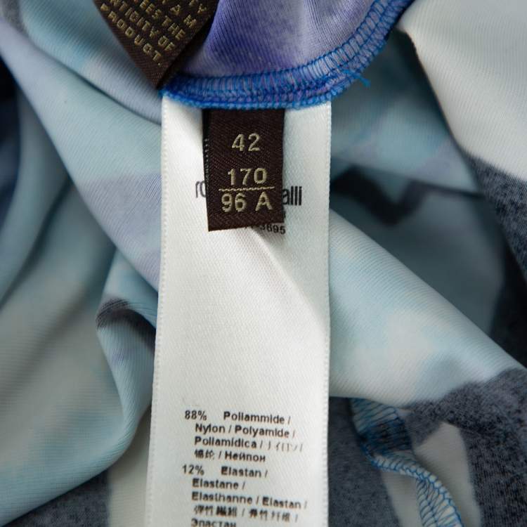Pre Owned Roberto Cavalli Blue Floral Print Jersey Brooch Detail Dress M