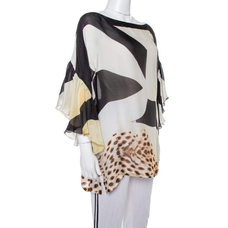 مملوكة مسبقًا Roberto Cavalli Cream Animal Print Silk Boat Neck Top M