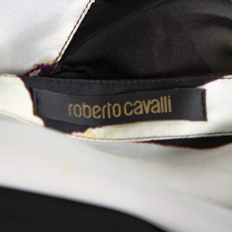 مملوكة مسبقًا Roberto Cavalli Cream Animal Print Silk Boat Neck Top M