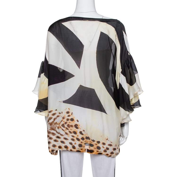مملوكة مسبقًا Roberto Cavalli Cream Animal Print Silk Boat Neck Top M