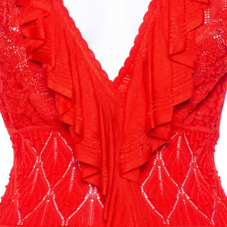 Pre Owned Roberto Cavalli Red Pointelle Knit Ruffle Trim Maxi Dress S