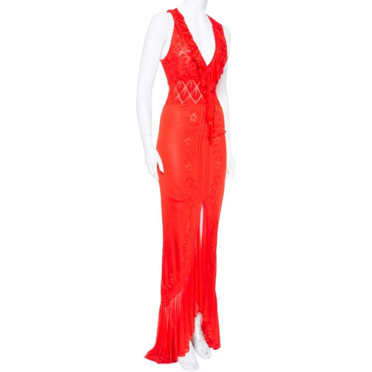 Pre Owned Roberto Cavalli Red Pointelle Knit Ruffle Trim Maxi Dress S