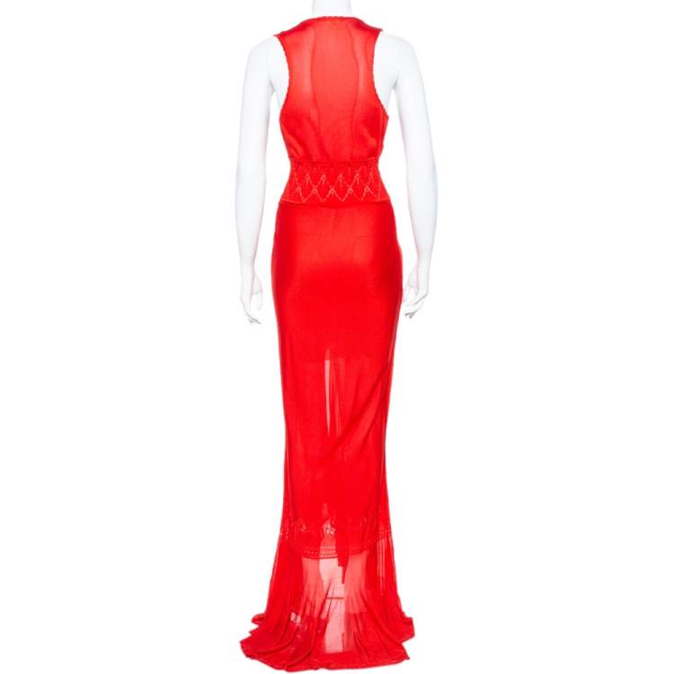 Pre Owned Roberto Cavalli Red Pointelle Knit Ruffle Trim Maxi Dress S