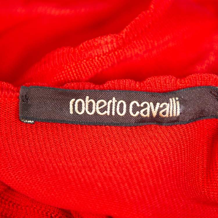 Pre Owned Roberto Cavalli Red Pointelle Knit Ruffle Trim Maxi Dress S