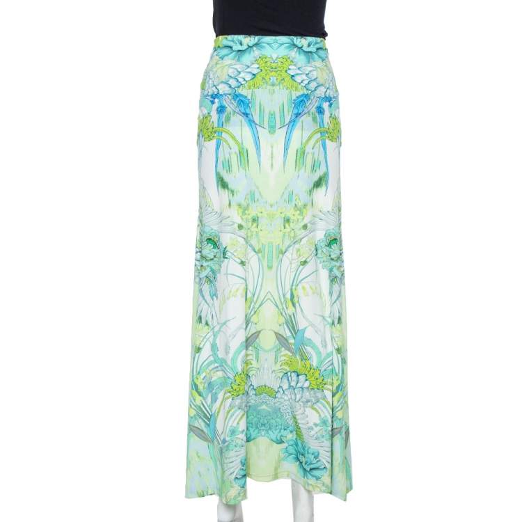 Pre Owned Roberto Cavalli Light Green Printed Jersey Maxi Skirt L