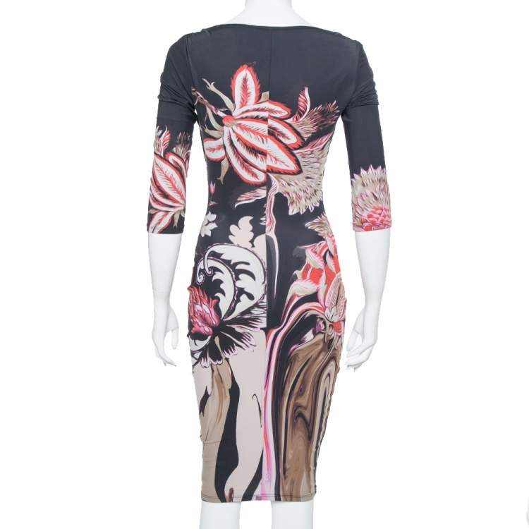 Pre Owned Roberto Cavalli Black Floral Printed Knit Bodycon Dress S