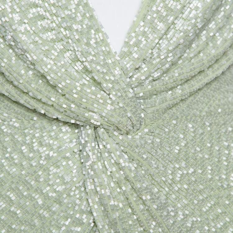 Pre Owned Roberto Cavalli Pastel Green Bead Embellished Silk Plunge Neck Mini Dress S