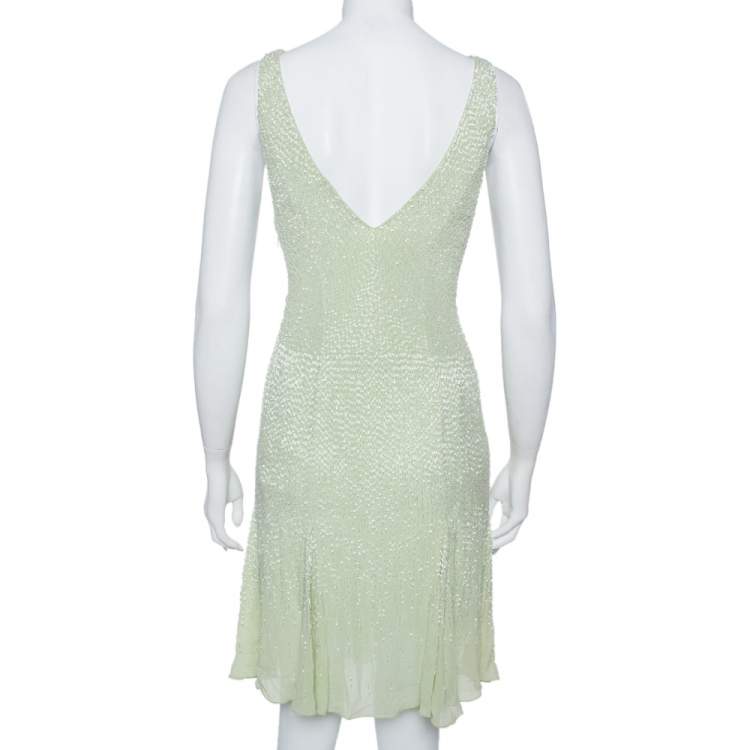 Pre Owned Roberto Cavalli Pastel Green Bead Embellished Silk Plunge Neck Mini Dress S