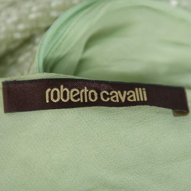Pre Owned Roberto Cavalli Pastel Green Bead Embellished Silk Plunge Neck Mini Dress S